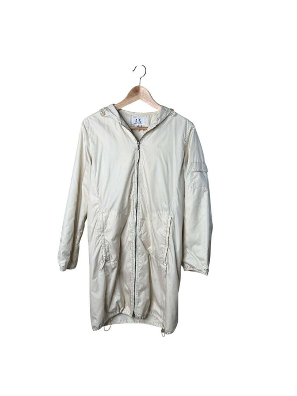 Armani Exchange Womens XS Ivory Hooded Nylon Mid Length Zip Up Coat Jacket